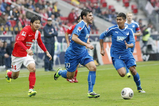 Mainz, Germany 05 October 2013 1 Bundesliga 13 14 8 Matchday 1 FSV Mainz 05 vs 1899 Hoffenheim v li Joo Ho Park Mainz , Kevin Volland Hoffenheim , Roberto Firmino Hoffenheim , t.s., landscape 1 Bundesliga 13 14 8 Matchday 1 FSV Mainz 05 vs 1899 Hoffenheim jr