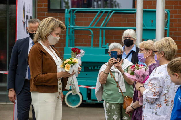 Queen Mathilde of Belgium pictured during a royal visit to the Belgian Cats, the Belgian national women s basketball team, in Kortrijk, Tuesday 08 June 2021. The Belgian Cats are participating in the Olympic Games, Olympische Spiele, Olympia, OS in Tokyo. After a round table discussion, the Queen will attend a training session and have a conversation with the basketball players at the Lange Munte sports campus in Kortrijk. KURTxDESPLENTER x2809264x
