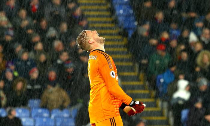 Mandatory Credit: Photo by Kieran McManus BPI Shutterstock (10034511cc) Kasper Schmeichel of Leicester shouts in frustration as heavy rain falls Crystal Palace v Leicester City, Premier League, Football, Selhurst Park, London, UK - 15 Dec 2018 EDITORIAL USE ONLY No use with unauthorised audio, video, data, fixture lists (outside the EU), club league logos or live services. Online in-match use limited to 45 images (+15 in extra time). No use to emulate moving images. No use in betting, games or single club league player publications services. Crystal Palace v Leicester City, Premier League, Football, Selhurst Park, London, UK - 15 Dec 2018 EDITORIAL USE ONLY No use with unauthorised audio, video, data, fixture lists (outside the EU), club league logos or live services. Online in-match use limited to 45 images (+15 in extra time). No use to emulate moving images. No use in betting, games or  Copyright: xKieranxMcManus BPI Shutterstockx 10034511cc