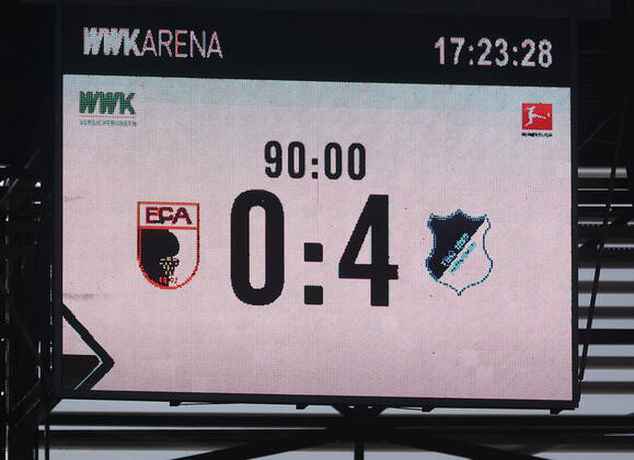 Final score 0 4, on the scoreboard FC Augsburg vs TSG 1899 Hoffenheim, 1 Matchday DFL REGULATIONS PROHIBIT ANY USE OF PHOTOGRAPHS AS IMAGE SEQUENCES AND OR QUASI VIDEO