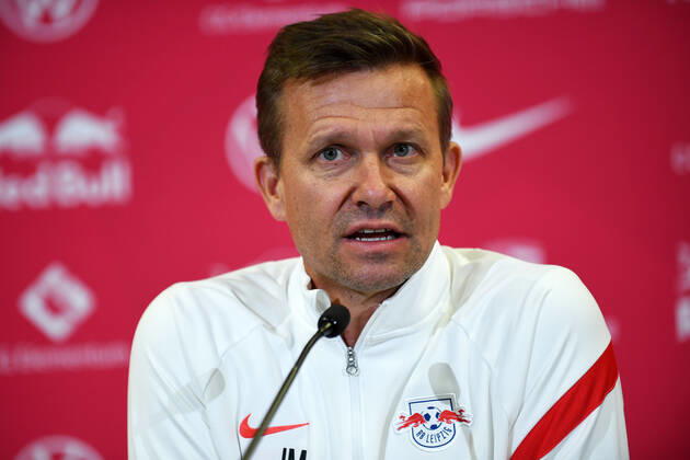 Fußball Bundesliga Saison 2021 2022, 7 Spieltag, PK RB Leipzig ahead of Leipzig vs Bochum 01 10 2021 Jesse Marsch coach RB Leipzig speaks at the press conference of RB Leipzig ahead of the Bundesliga match against Bochum 01 10 2021 Leipzig Saxony Germany Red Bull training ground at Cottaweg.