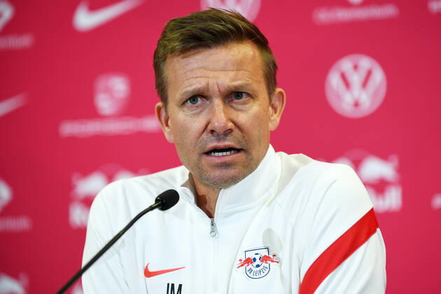 Fußball Bundesliga Saison 2021 2022, 7 Spieltag, PK RB Leipzig ahead of Leipzig vs Bochum 01 10 2021 Jesse Marsch coach RB Leipzig speaks at the press conference of RB Leipzig ahead of the Bundesliga match against Bochum 01 10 2021 Leipzig Saxony Germany Red Bull training ground at Cottaweg.