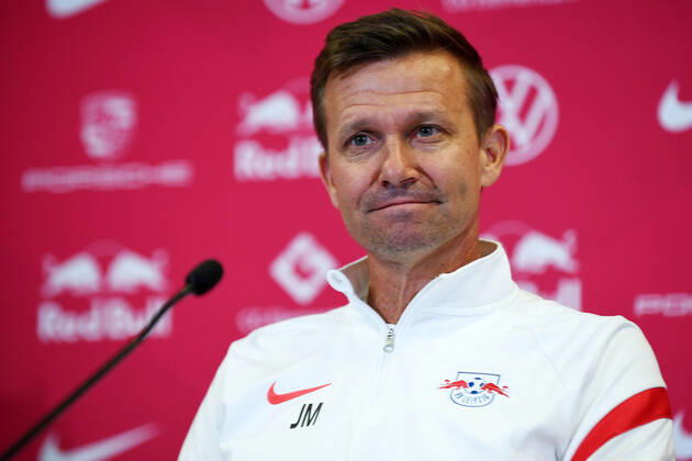 Fußball Bundesliga Saison 2021 2022, 7 Spieltag, PK RB Leipzig ahead of Leipzig vs Bochum 01 10 2021 Jesse Marsch coach RB Leipzig speaks at the press conference of RB Leipzig ahead of the Bundesliga match against Bochum 01 10 2021 Leipzig Saxony Germany Red Bull training ground at Cottaweg.