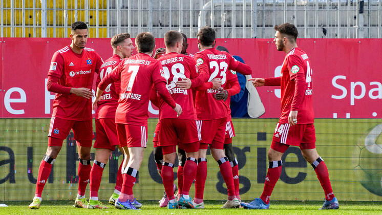 Players from Hamburger SV HSV , jubilate about the goal to 1 1, jubilation, goal celebration, celebrate the goal, goal, celebration, jubilation about the goal, optimistic, game scene, highlight, action, action, 19 02 2022, Sandhausen Germany , Football, 2 Bundesliga, SV Sandhausen Hamburger SV, DFB DFL REGULATIONS PROHIBIT ANY USE OF PHOTOGRAPHS AS IMAGE SEQUENCES AND OR QUASI VIDEO xozx
