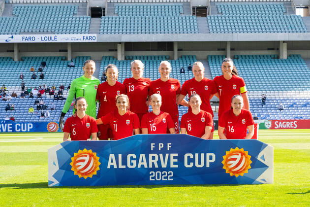 220220 Goalkeeper Cecilie Haustaker Fiskerstrand, Synne Skinnes Hansen, Guro Bergsvand, Maria Thorisdottir, Frida Leonhardsen Maanum, Ingrid Syrstad Engen, Tuva Hansen, Celin Bizet Ildhusoy, Amalie Vevle Eikeland, Vilde Boe Risa and Elise Hove Thorsnes of Norway football of the Alveve match between Italy and Norway on February 20, 2022 in Faro Photo Ludvig Thunman BILDBYRAN kod LT LT0281 fotboll football soccer fotball algarve cup italien italy norge norway dam bbeng women women s,  Copyright: LUDVIGxTHUNMAN BB220220LT007