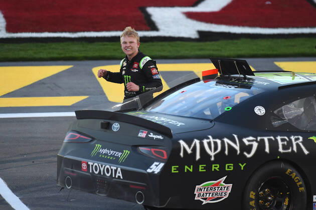 LAS VEGAS, NV - MARCH 05: Ty Gibbs ( 54 Joe Gibbs Racing Monster Energy Toyota) celebrates winning the race during the NASCAR, Motorsport, USA Xfinity Series Alsco Uniforms 300 on March 05, 2022, at Las Vegas Motor Speedway in Las Vegas, NV. (Photo by Chris Williams Icon Sportswire) AUTO: MAR 05 NASCAR Xfinity Series - Alsco Uniforms 300 Icon0072203051190