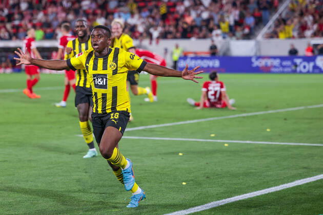 12 08 2022, Football, 2022 2023 season, 1 Bundesliga, SC Freiburg Borussia Dortmund, Youssoufa Moukoko Borussia Dortmund celebrates the goal to 1 2, Photo Dennis Ewert RHR PHOTO xRHR PHOTO DEx