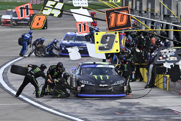 LAS VEGAS, NV - OCTOBER 15: Ty Gibbs ( 54 Joe Gibbs Racing Toyota Monster Energy) in for a pit stop during the Alsco Uniforms 302 NASCAR, Motorsport, USA Xfinity Series Playoff race on October 15, 2022, at Las Vegas Motor Speedway in Las Vegas, NV. (Photo by Will Lester LVMS Icon Sportswire) AUTO: OCT 15 NASCAR Xfinity Series Playoff Alsco Uniforms 302 Icon221015024