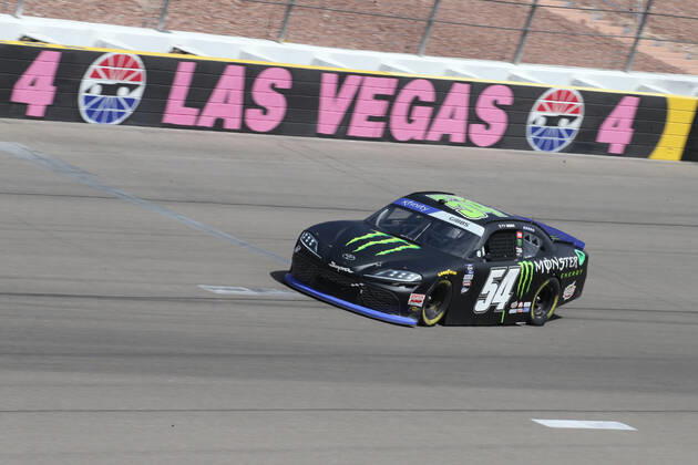 LAS VEGAS, NV - OCTOBER 15: Ty Gibbs ( 54 Joe Gibbs Racing Toyota Monster Energy) racing during the Alsco Uniforms 302 NASCAR, Motorsport, USA Xfinity Series Playoff race on October 15, 2022, at Las Vegas Motor Speedway in Las Vegas, NV. Photo by Matthew Bolt LVMS Icon Sportswire) AUTO: OCT 15 NASCAR Xfinity Series Playoff Alsco Uniforms 302 Icon221015070