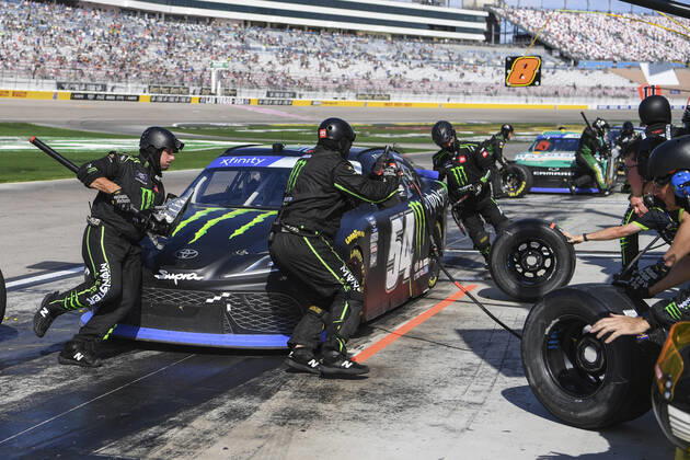 LAS VEGAS, NV - OCTOBER 15: Ty Gibbs ( 54 Joe Gibbs Racing Toyota Monster Energy) pits during the NASCAR, Motorsport, USA Xfinity Series Playoff Alsco Uniforms 302 at the Las Vegas Motor Speedway Saturday, October 15, 2022, in Las Vegas, Nevada. (Photo by Sam Morris Icon Sportswire) AUTO: OCT 15 NASCAR Xfinity Series Playoff Alsco Uniforms 302 Icon1272210151094302