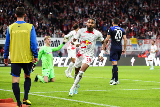 Goal celebration scorer Christopher Nkunku RB Leipzig,18 hits to the goal, the goal is not given 1 Football Bundesliga season 2022 2023 point game RB Leipzig vs Hertha BSC Berlin in the Red Bull Arena in Leipzig action,football,Germany,man,men,15 10 2022