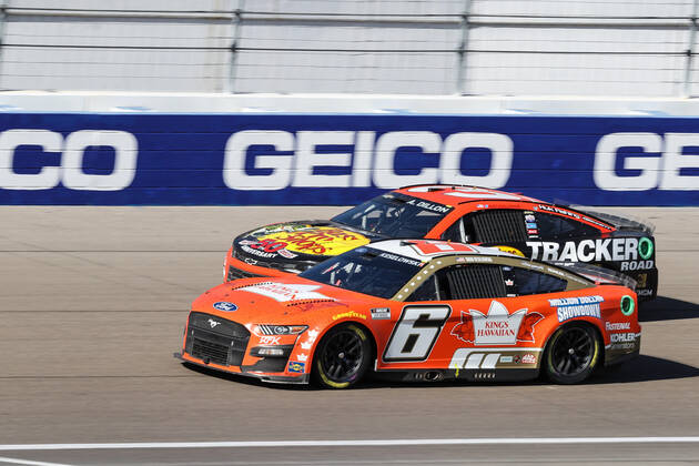 LAS VEGAS, NV - OCTOBER 16: Brad Keselowski ( 6 RFK Racing King s Hawaiian Ford) passes Austin Dillon ( 3 Richard Childress Racing Bass Pro Shops TRACKER Off Road Chevrolet) during the NASCAR, Motorsport, USA Cup Series Playoff South Point 400, on October 16, 2022, at Las Vegas Motor Speedway in Las Vegas, NV.(Photo by Christopher Trim Icon Sportswire) AUTO: OCT 16 NASCAR Cup Series Playoff South Point 400 Icon221016016400