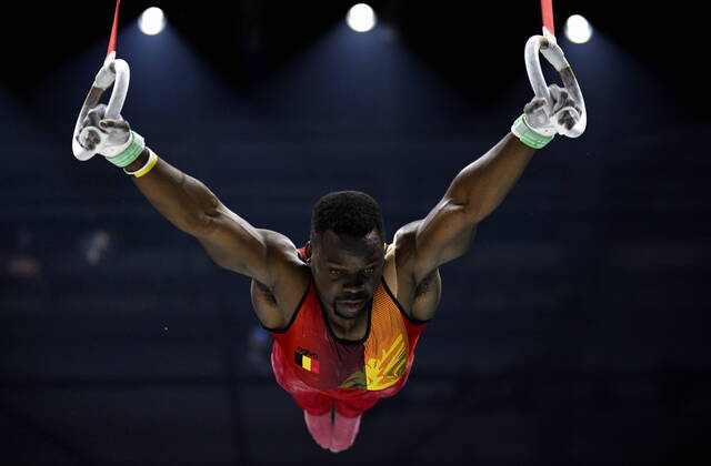 Belgian gymnast Noah Kuavita pictured during the mens podium training session on the first day of the World Artistic Gymnastics Championships in Liverpool, Saturday 29 October 2022. The Worlds take place from October 29 until November 6, 2022 in Liverpool, United Kingdom. ERICxLALMAND  x47933739x
