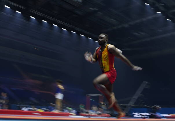 Belgian gymnast Noah Kuavita pictured during the mens podium training session on the first day of the World Artistic Gymnastics Championships in Liverpool, Saturday 29 October 2022. The Worlds take place from October 29 until November 6, 2022 in Liverpool, United Kingdom. ERICxLALMAND x47935269x