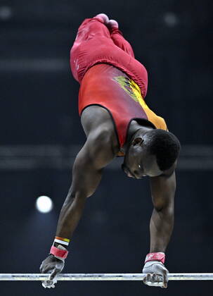 Belgian gymnast Noah Kuavita pictured during the mens podium training session on the first day of the World Artistic Gymnastics Championships in Liverpool, Saturday 29 October 2022. The Worlds take place from October 29 until November 6, 2022 in Liverpool, United Kingdom. ERICxLALMAND x47935833x