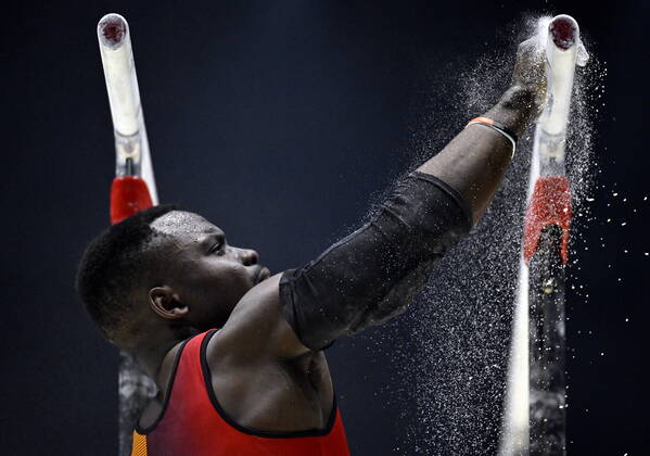 Belgian gymnast Noah Kuavita pictured during the mens podium training session on the first day of the World Artistic Gymnastics Championships in Liverpool, Saturday 29 October 2022. The Worlds take place from October 29 until November 6, 2022 in Liverpool, United Kingdom. ERICxLALMAND x47937895x