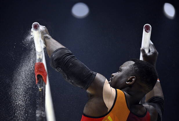 Belgian gymnast Noah Kuavita pictured during the mens podium training session on the first day of the World Artistic Gymnastics Championships in Liverpool, Saturday 29 October 2022. The Worlds take place from October 29 until November 6, 2022 in Liverpool, United Kingdom. ERICxLALMAND x47938064x