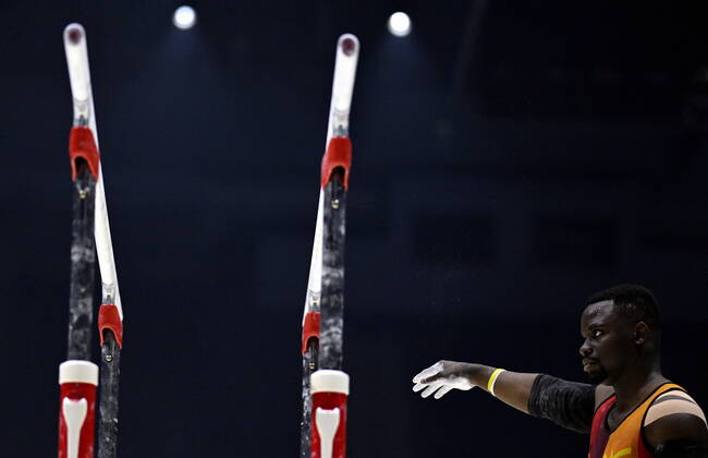Belgian gymnast Noah Kuavita pictured during the mens podium training session on the first day of the World Artistic Gymnastics Championships in Liverpool, Saturday 29 October 2022. The Worlds take place from October 29 until November 6, 2022 in Liverpool, United Kingdom. ERICxLALMAND x47938079x