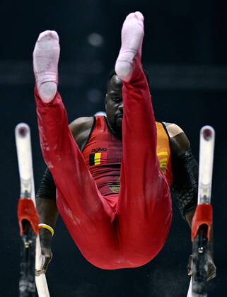 Belgian gymnast Noah Kuavita pictured during the mens podium training session on the first day of the World Artistic Gymnastics Championships in Liverpool, Saturday 29 October 2022. The Worlds take place from October 29 until November 6, 2022 in Liverpool, United Kingdom. ERICxLALMAND x47938133x