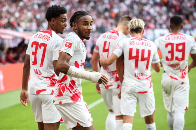 Goal celebration scorer Christopher Nkunku RB Leipzig,18 scores 1 0 1 Football Bundesliga season 2022 2023 point game RB Leipzig vs Bayer Leverkusen at Red Bull Arena in Leipzig action,football,Germany,man,men,29 10 2022