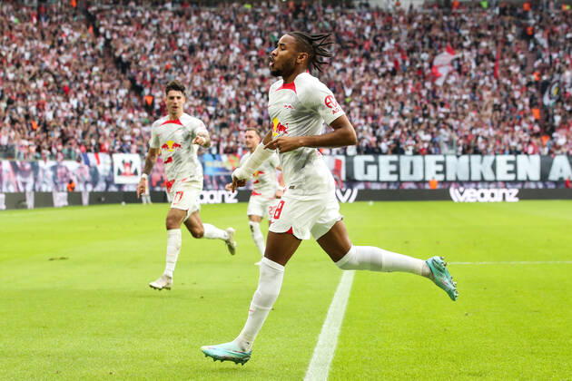 Goal celebration scorer Christopher Nkunku RB Leipzig,18 scores 1 0 1 Football Bundesliga season 2022 2023 point game RB Leipzig vs Bayer Leverkusen at Red Bull Arena in Leipzig action,football,Germany,man,men,29 10 2022