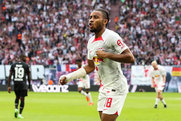 Goal celebration scorer Christopher Nkunku RB Leipzig,18 scores 1 0 1 Football Bundesliga season 2022 2023 point game RB Leipzig vs Bayer Leverkusen at Red Bull Arena in Leipzig action,football,Germany,man,men,29 10 2022