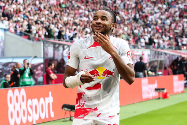 Goal celebration scorer Christopher Nkunku RB Leipzig,18 scores 1 0 1 Football Bundesliga season 2022 2023 point game RB Leipzig vs Bayer Leverkusen at Red Bull Arena in Leipzig action,football,Germany,man,men,29 10 2022