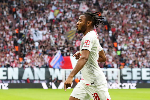 Goal celebration scorer Christopher Nkunku RB Leipzig,18 scores 1 0 1 Football Bundesliga season 2022 2023 point game RB Leipzig vs Bayer Leverkusen at Red Bull Arena in Leipzig action,football,Germany,man,men,29 10 2022