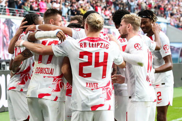 Goal celebration scorer Christopher Nkunku RB Leipzig,18 scores 1 0 1 Football Bundesliga season 2022 2023 point game RB Leipzig vs Bayer Leverkusen at Red Bull Arena in Leipzig action,football,Germany,man,men,29 10 2022