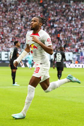 Goal celebration scorer Christopher Nkunku RB Leipzig,18 scores 1 0 1 Football Bundesliga season 2022 2023 point game RB Leipzig vs Bayer Leverkusen at Red Bull Arena in Leipzig action,football,Germany,man,men,29 10 2022