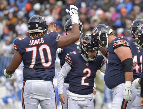 Chicago Bears place kicker Cairo Santos (2) celebrates a first quarter field goal against the Detroit Lions at Soldier Field in Chicago on Sunday, November 13, 2022. The Lions won 31-30.  CHI20221113123 MARKxBLACK