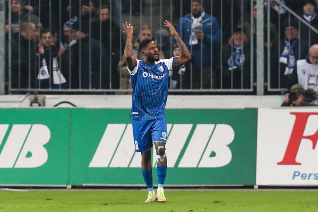 Goal celebration scorer Moritz Broni Kwarteng 1 FC Magdeburg,8 hits to 1 0 2 Football Bundesliga season 2022 2023 1 FC Magdeburg vs 1 FC Kaiserslautern in the MDCC Arena in Magdeburg release plate,action,soccer,man,men,Germany,03 03 2023