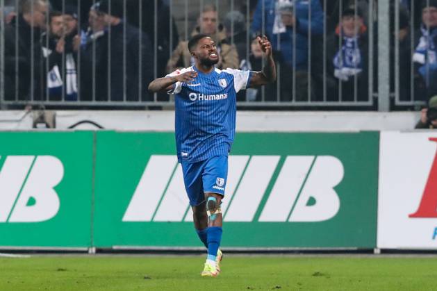 Goal celebration scorer Moritz Broni Kwarteng 1 FC Magdeburg,8 hits to 1 0 2 Football Bundesliga season 2022 2023 1 FC Magdeburg vs 1 FC Kaiserslautern in the MDCC Arena in Magdeburg release plate,action,soccer,man,men,Germany,03 03 2023
