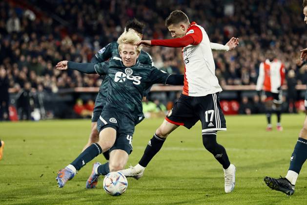 ROTTERDAM - (l-r) Thijmen Blokzijl of FC Groningen, Sebastian Szymanski of Feyenoord during the Dutch premier league match between Feyenoord and FC Groningen at Feyenoord Stadion de Kuip on March 4, 2023 in Rotterdam, Netherlands. ANP PIETER STAM DE JONGE Dutch Eredivisie 2022 2023 xVIxANPxSportx xxANPxIVx 464170985 originalFilename: 464170985
