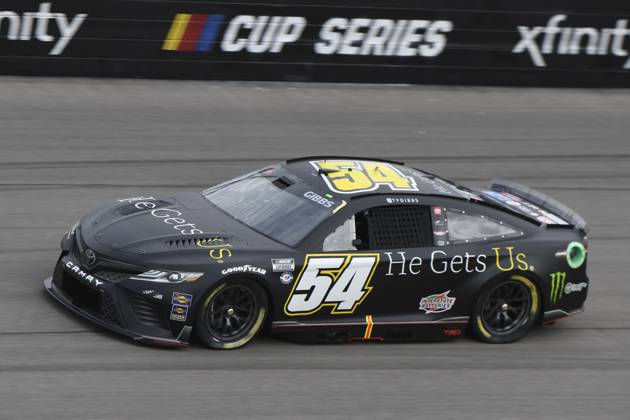 LAS VEGAS, NV - MARCH 04: Ty Gibbs ( 54 Joe Gibbs Racing He Gets us Toyota) drives through turn four during practice for the NASCAR, Motorsport, USA Cup Series Pennzoil 400 presented by Jiffy Lube on March 4, 2023, at Las Vegas Motor Speedway in Las Vegas, Nevada. (Photo by Michael Allio Icon Sportswire) AUTO: MAR 04 NASCAR Cup Series Pennzoil 400 presented by Jiffy Lube Icon116230304040