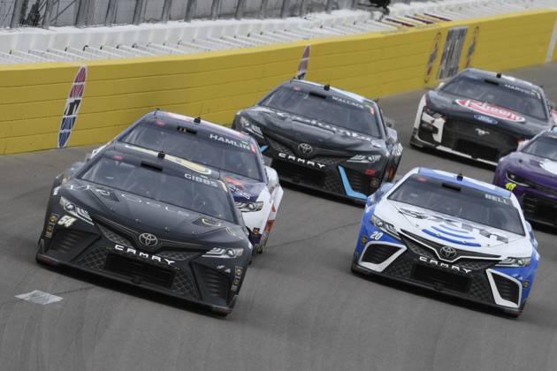 LAS VEGAS, NV - MARCH 05: Ty Gibbs ( 54 Joe Gibbs Racing He Gets us Toyota) races into turn one during the NASCAR, Motorsport, USA Cup Series Pennzoil 400 presented by Jiffy Lube on March 5, 2023, at the Las Vegas Motor Speedway in Las Vegas, Nevada. (Photo by Michael Allio Icon Sportswire) AUTO: MAR 05 NASCAR Cup Series Pennzoil 400 presented by Jiffy Lube Icon116230305064