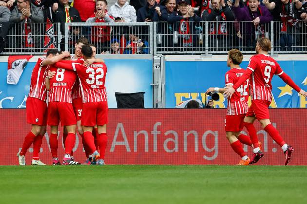 Goal celebration SC Freiburg at 1 0 by Maximilian Eggestein SC Freiburg, 08 , GER, SC Freiburg vs TSG 1899 Hoffenheim, Football, Bundesliga, 24 Matchday, Season 2022 2023, 12 03 2023 DFL REGULATES PROHIBIT ANY USE OF PHOTOGRAPHS AS IMAGE SEQUENCES AND OR QUASI VIDEO GER, SC Freiburg vs TSG 1899 Hoffenheim, Football, Bundesliga, 24 Matchday, Season 2022 2023, 12 03 2023 Freiburg im Breisgau Copyright: xEibner-Pressefoto GrantxHubbsx EP_GHS
