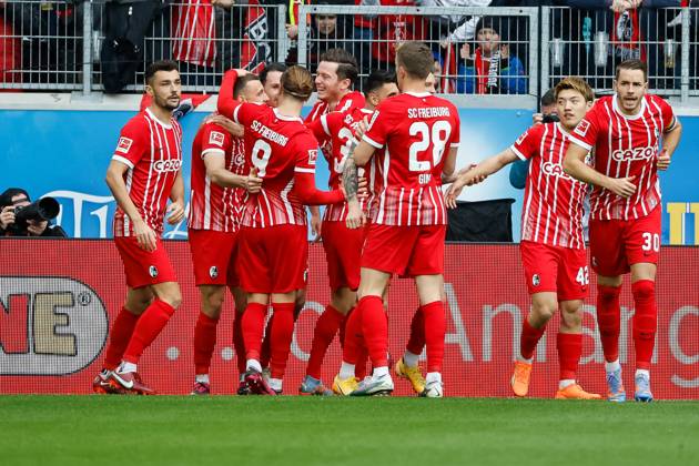 Goal celebration SC Freiburg at 1 0 by Maximilian Eggestein SC Freiburg, 08 , GER, SC Freiburg vs TSG 1899 Hoffenheim, Football, Bundesliga, 24 Matchday, Season 2022 2023, 12 03 2023 DFL REGULATES PROHIBIT ANY USE OF PHOTOGRAPHS AS IMAGE SEQUENCES AND OR QUASI VIDEO GER, SC Freiburg vs TSG 1899 Hoffenheim, Football, Bundesliga, 24 Matchday, Season 2022 2023, 12 03 2023 Freiburg im Breisgau Copyright: xEibner-Pressefoto GrantxHubbsx EP_GHS