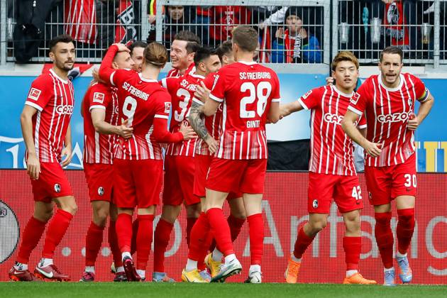 Goal celebration SC Freiburg at 1 0 by Maximilian Eggestein SC Freiburg, 08 , GER, SC Freiburg vs TSG 1899 Hoffenheim, Football, Bundesliga, 24 Matchday, Season 2022 2023, 12 03 2023 DFL REGULATES PROHIBIT ANY USE OF PHOTOGRAPHS AS IMAGE SEQUENCES AND OR QUASI VIDEO GER, SC Freiburg vs TSG 1899 Hoffenheim, Football, Bundesliga, 24 Matchday, Season 2022 2023, 12 03 2023 Freiburg im Breisgau Copyright: xEibner-Pressefoto GrantxHubbsx EP_GHS