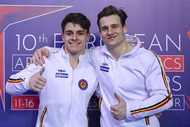 Belgian gymnast Victor Martinez Marechal and Belgian gymnast Luka Van den Keybus pose for the photographer at the men all around final, on the third day of the European Championships Gymanstics in Antalya, Turkey, Thursday 13 April 2023. The EC are taking place from 11 to 16 April 2023. LAURIExDIEFFEMBACQ x64660160x