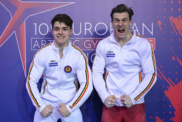 Belgian gymnast Victor Martinez Marechal and Belgian gymnast Luka Van den Keybus pose for the photographer at the men all around final, on the third day of the European Championships Gymanstics in Antalya, Turkey, Thursday 13 April 2023. The EC are taking place from 11 to 16 April 2023. LAURIExDIEFFEMBACQ x64660174x