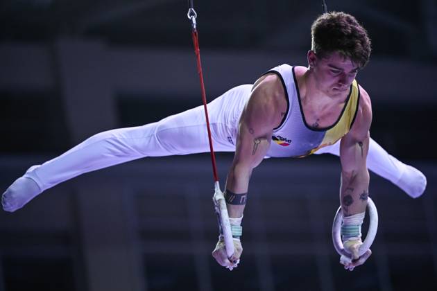 Belgian gymnast Victor Martinez Marechal pictured in action during the sixth and last rotation, the rings, in the men all around final, on the third day of the European Championships Gymanstics in Antalya, Turkey, Thursday 13 April 2023. The EC are taking place from 11 to 16 April 2023. LAURIExDIEFFEMBACQ x64663854x