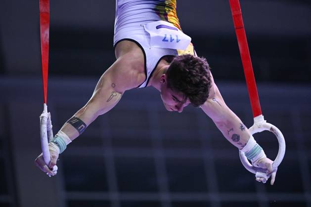 Belgian gymnast Victor Martinez Marechal pictured in action during the sixth and last rotation, the rings, in the men all around final, on the third day of the European Championships Gymanstics in Antalya, Turkey, Thursday 13 April 2023. The EC are taking place from 11 to 16 April 2023. LAURIExDIEFFEMBACQ x64663860x