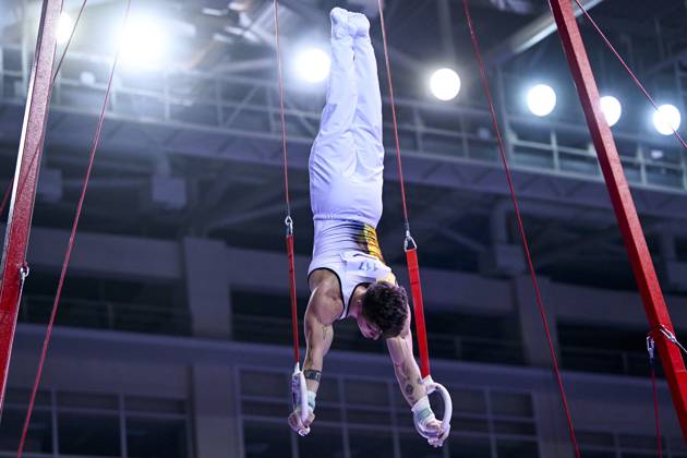 Belgian gymnast Victor Martinez Marechal pictured in action during the sixth and last rotation, the rings, in the men all around final, on the third day of the European Championships Gymanstics in Antalya, Turkey, Thursday 13 April 2023. The EC are taking place from 11 to 16 April 2023. LAURIExDIEFFEMBACQ x64663861x