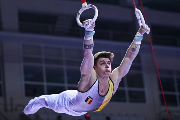 Belgian gymnast Victor Martinez Marechal pictured in action during the sixth and last rotation, the rings, in the men all around final, on the third day of the European Championships Gymanstics in Antalya, Turkey, Thursday 13 April 2023. The EC are taking place from 11 to 16 April 2023. LAURIExDIEFFEMBACQ x64663864x