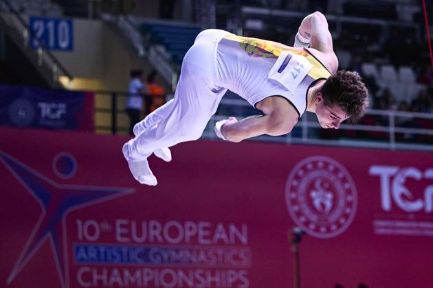 Belgian gymnast Victor Martinez Marechal pictured during his dismount during the sixth and last rotation, the rings, in the men all around final, on the third day of the European Championships Gymanstics in Antalya, Turkey, Thursday 13 April 2023. The EC are taking place from 11 to 16 April 2023. LAURIExDIEFFEMBACQ x64663866x