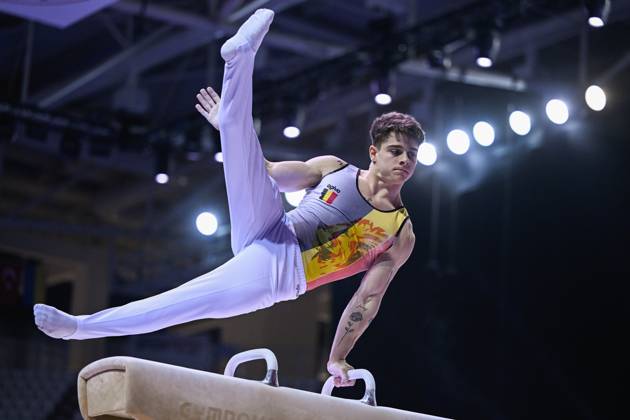 Belgian gymnast Victor Martinez Marechal pictured in action during the fifth rotation, the pommel horse, in the men all around final, on the third day of the European Championships Gymanstics in Antalya, Turkey, Thursday 13 April 2023. The EC are taking place from 11 to 16 April 2023. LAURIExDIEFFEMBACQ x64664900x