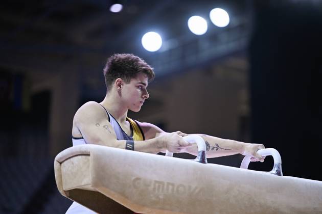 Belgian gymnast Victor Martinez Marechal pictured in action during the fifth rotation, the pommel horse, in the men all around final, on the third day of the European Championships Gymanstics in Antalya, Turkey, Thursday 13 April 2023. The EC are taking place from 11 to 16 April 2023. LAURIExDIEFFEMBACQ  x64664949x
