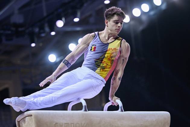 Sport Bilder des Tages Belgian gymnast Victor Martinez Marechal pictured in action during the fifth rotation, the pommel horse, in the men all around final, on the third day of the European Championships Gymanstics in Antalya, Turkey, Thursday 13 April 2023. The EC are taking place from 11 to 16 April 2023. LAURIExDIEFFEMBACQ x64664955x