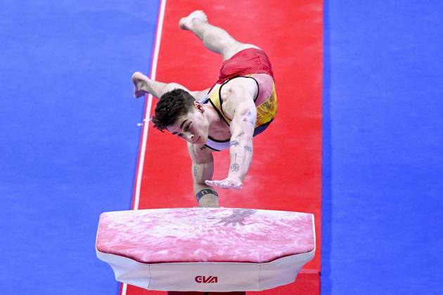Belgian gymnast Victor Martinez Marechal pictured in action during the first rotation, the vault, in the men all around final, on the third day of the European Championships Gymanstics in Antalya, Turkey, Thursday 13 April 2023. The EC are taking place from 11 to 16 April 2023. LAURIExDIEFFEMBACQ x64667193x
